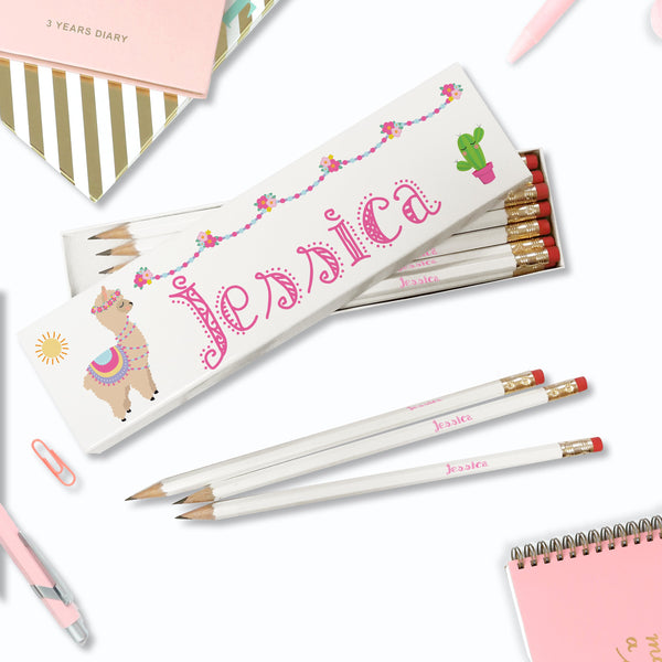 Personalised Llama White Pencils in Box