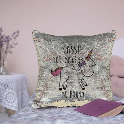 You Make Me Horny Pink & Silver Sequin Cushion