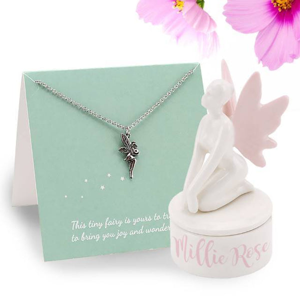 Ceramic Fairy Trinket Box & Pewter Fairy Necklace