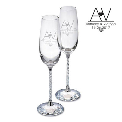 Initial Heart Diamante Champagne Flutes