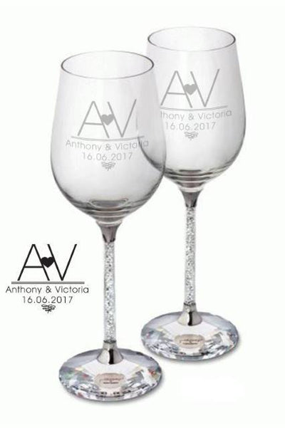 Initial Heart Diamante Wine Glasses